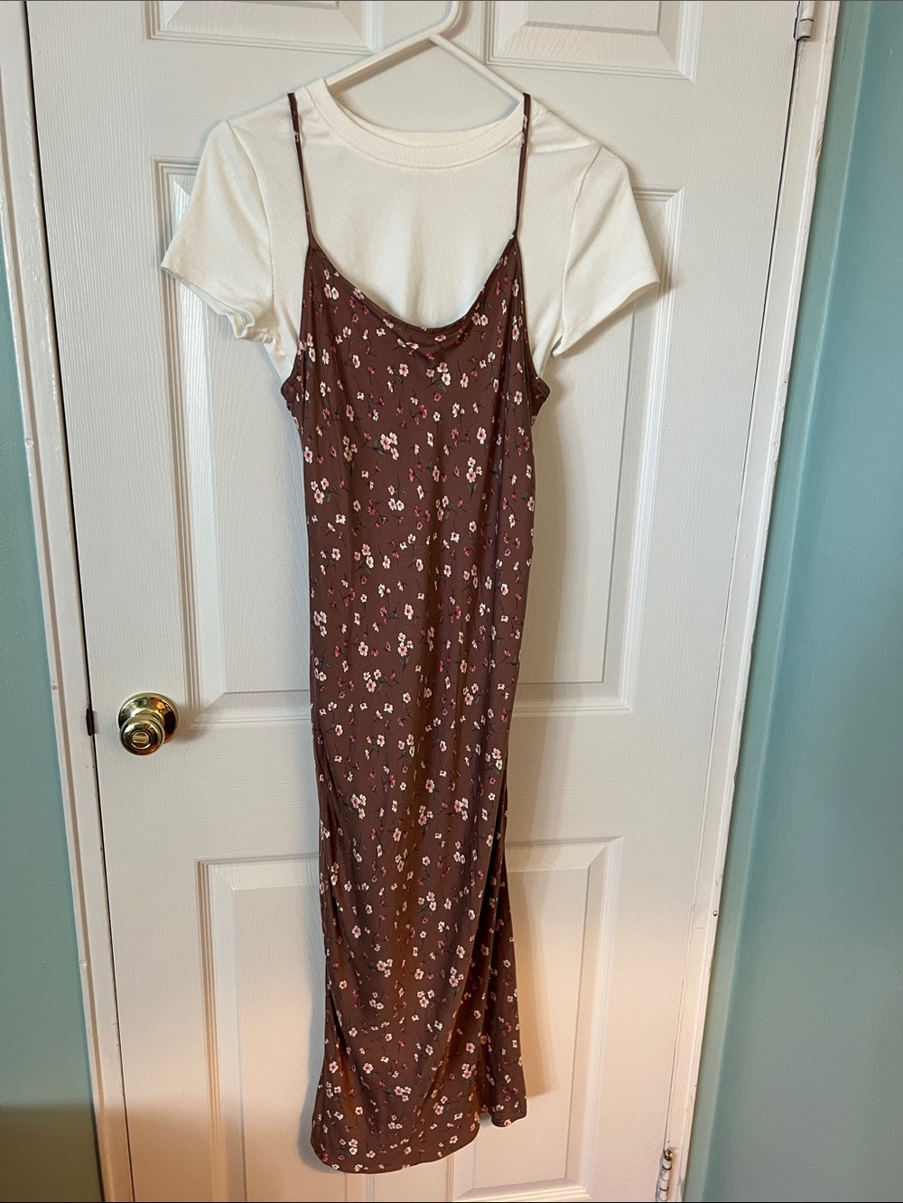 Brown Floral Maxi Slip Dress with Pink Accent